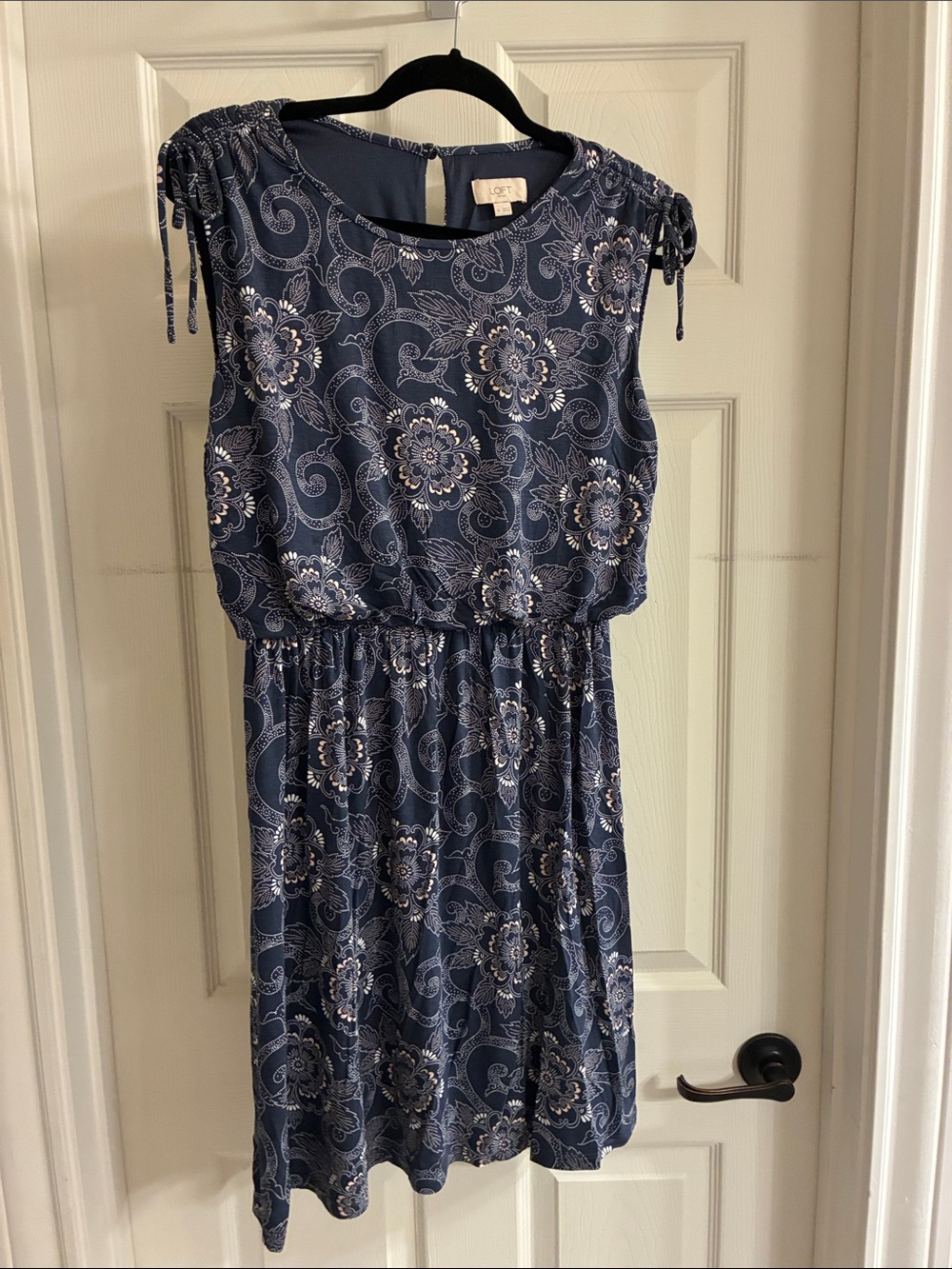 LOFT Blue Floral Midi Dress with Drawstring Shoulders